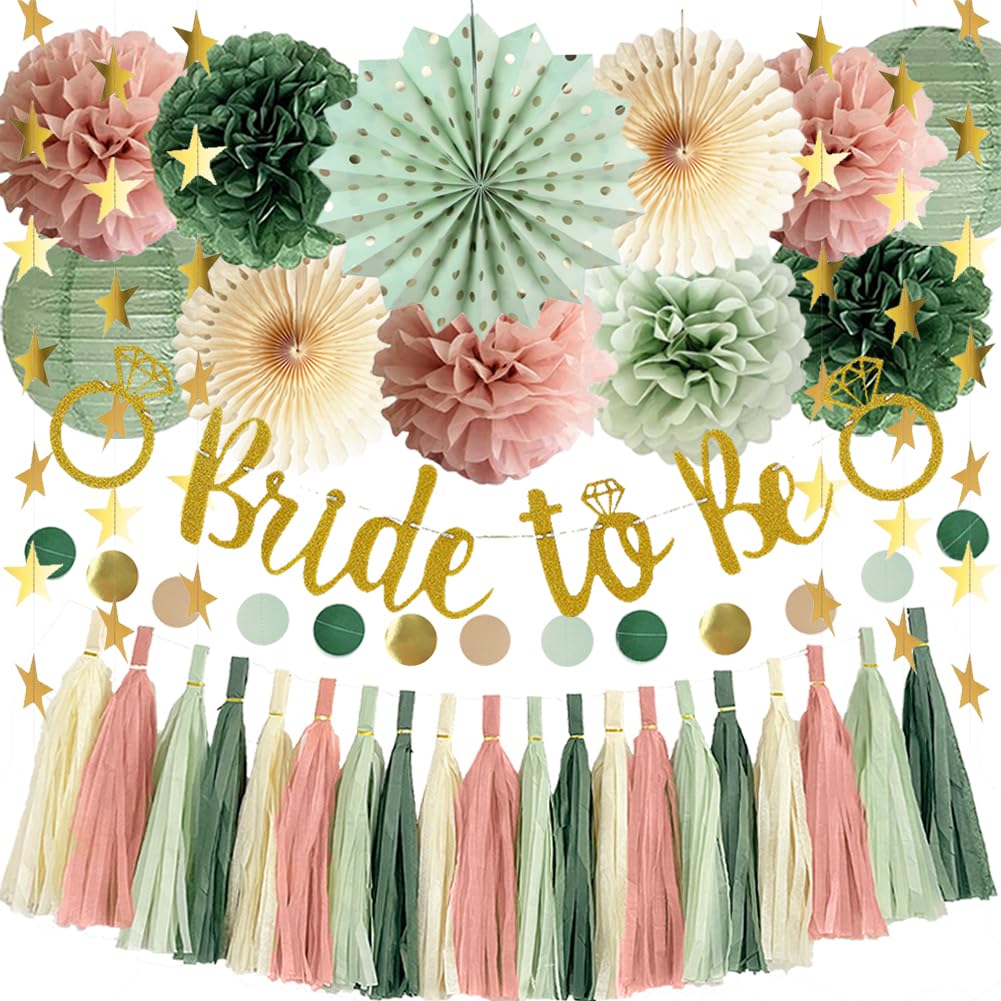 Hen Party Decoration Sage Green and Dusty Pink Bridal Shower Decorations Bride To Be Banner Olive Sage Green Dusty Pink Paper Fans Pom Poms Paper Tassel Garlands for Wedding Hen Do Party Decor