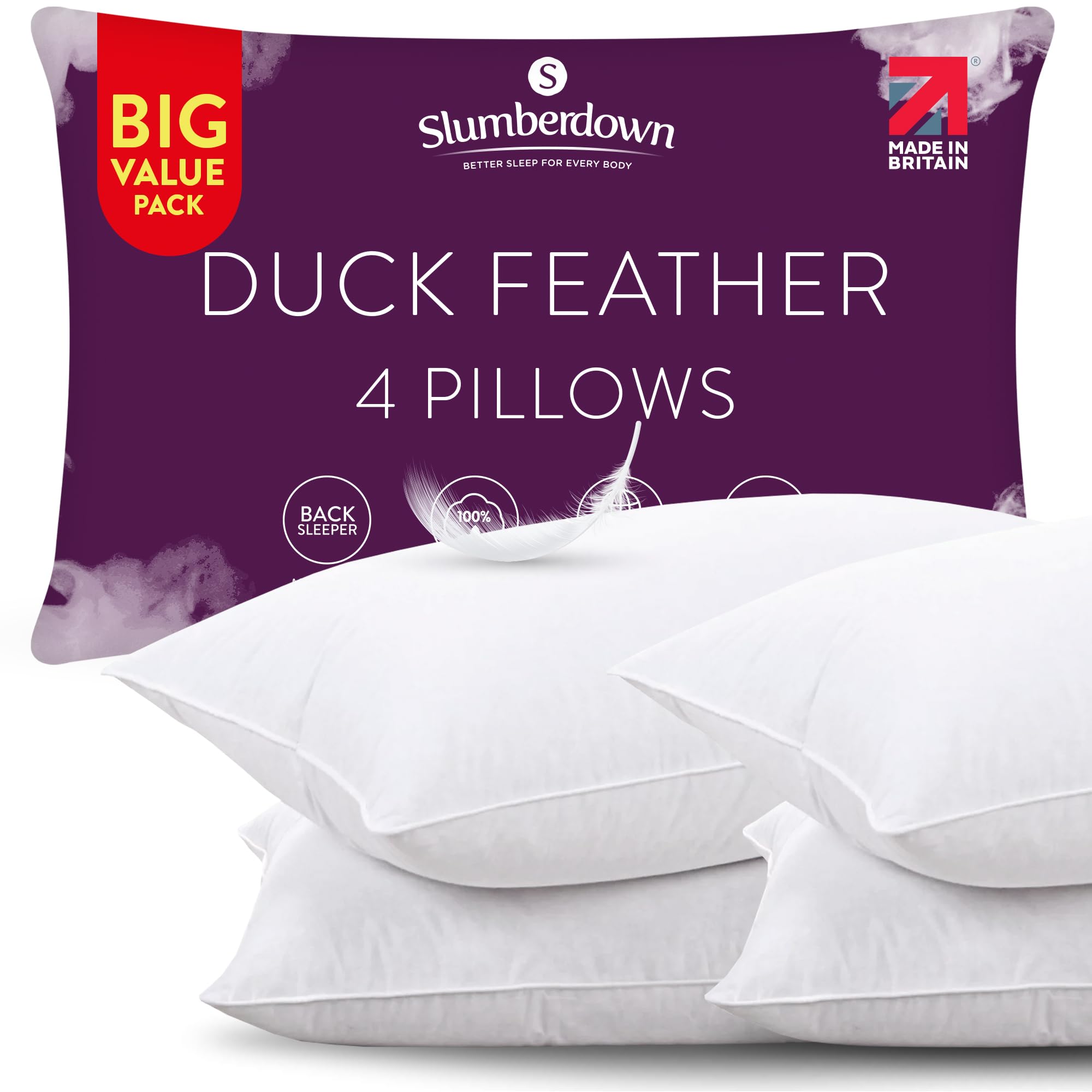 Slumberdown  White Duck Feather Pillow, Medium Support in Size 4pk, Sports Direct