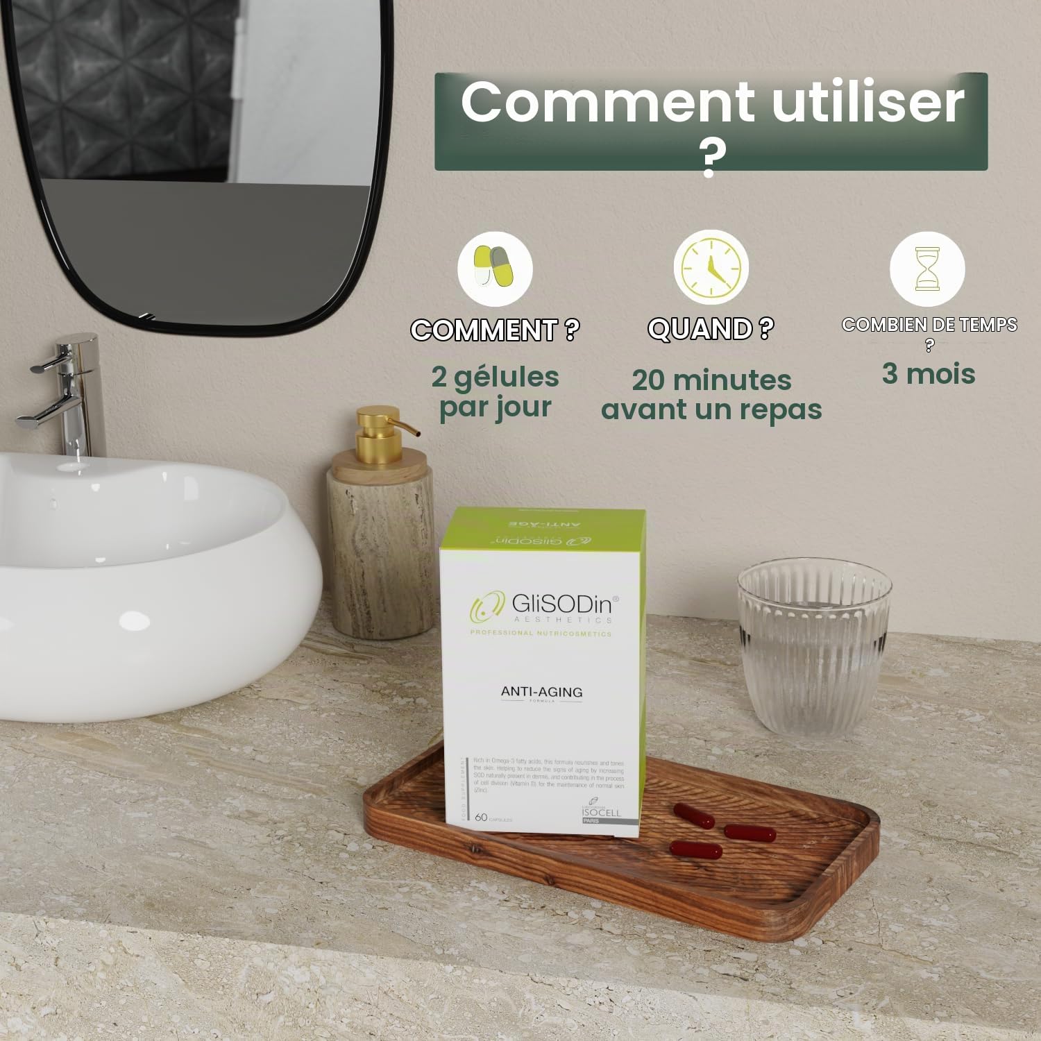 GliSODin Anti-Âge – Complément avec ingrédients hydratants, cliniquement prouvé, aide à une peau plus éclatante et réduit les rides – 60 gélules
