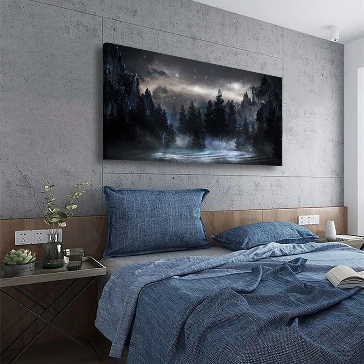 Mountain Canvas Wall Art for Living room Office Bedroom Forest Wall Art Print Oil Paintings Modern Lake Starry Sky Landscape Pictures Wall Decor Dream Artwork Waterproof Ready to Hang - 20in * 40inch 40"L x 20"W Starry mountain lake