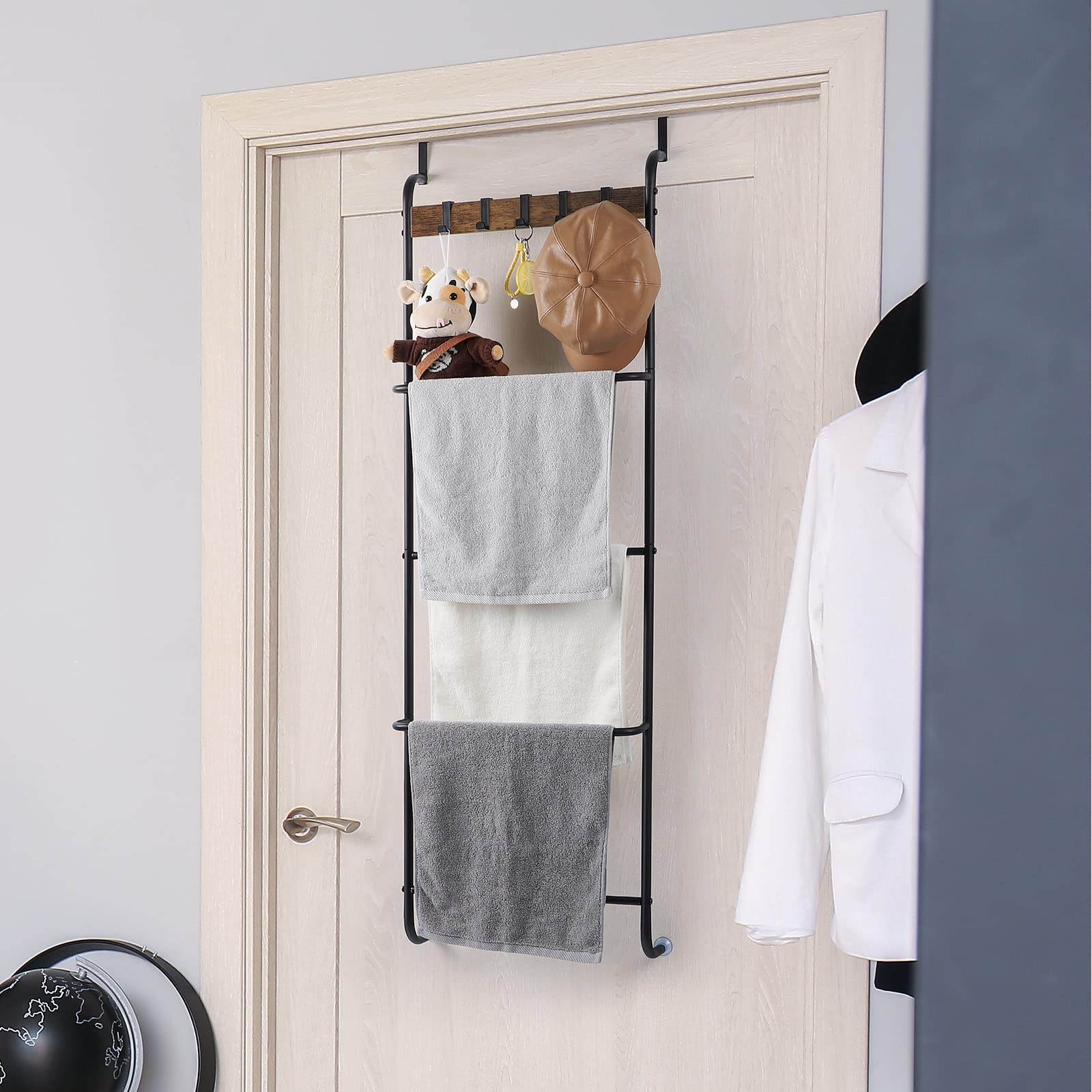 Handtuchhalter für die Tür, mit Haken, 5 Etagen, Handtuchhalter, Organizer für Badezimmer, Schlafzimmer, Badezimmer-Zubehör, Metall (schwarz)
