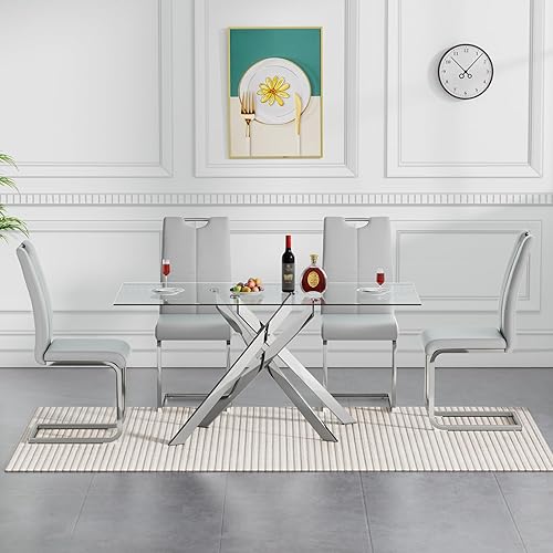 Miniatura 2 de Henf Juego de mesa de comedor de cristal de 5 piezas para 4, mesa de cocina moderna plateada de 51 pulgadas y sillas para 4, juego de mesa de