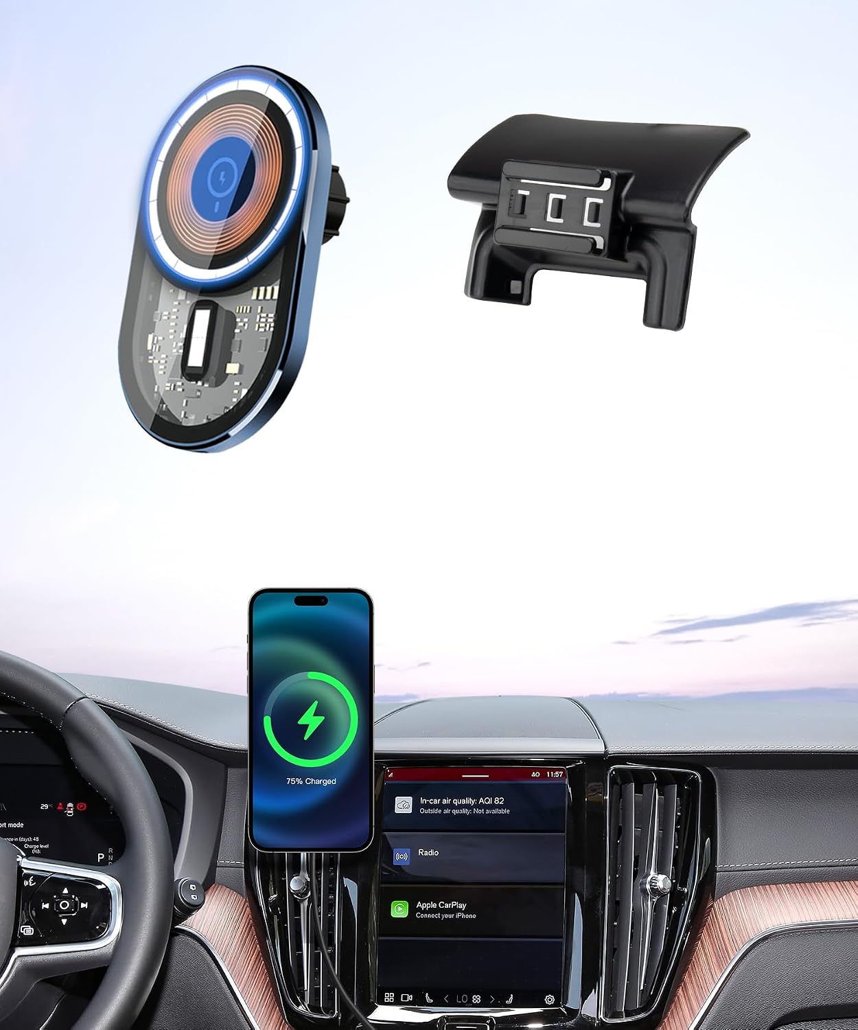Wireless Charging Car Phone Holder for Volvo XC60 2018-2025 Auto Accessories Navigation Bracket Interior Decoration, 360° Rotation Car Phone Mount Compatible with MagSafe