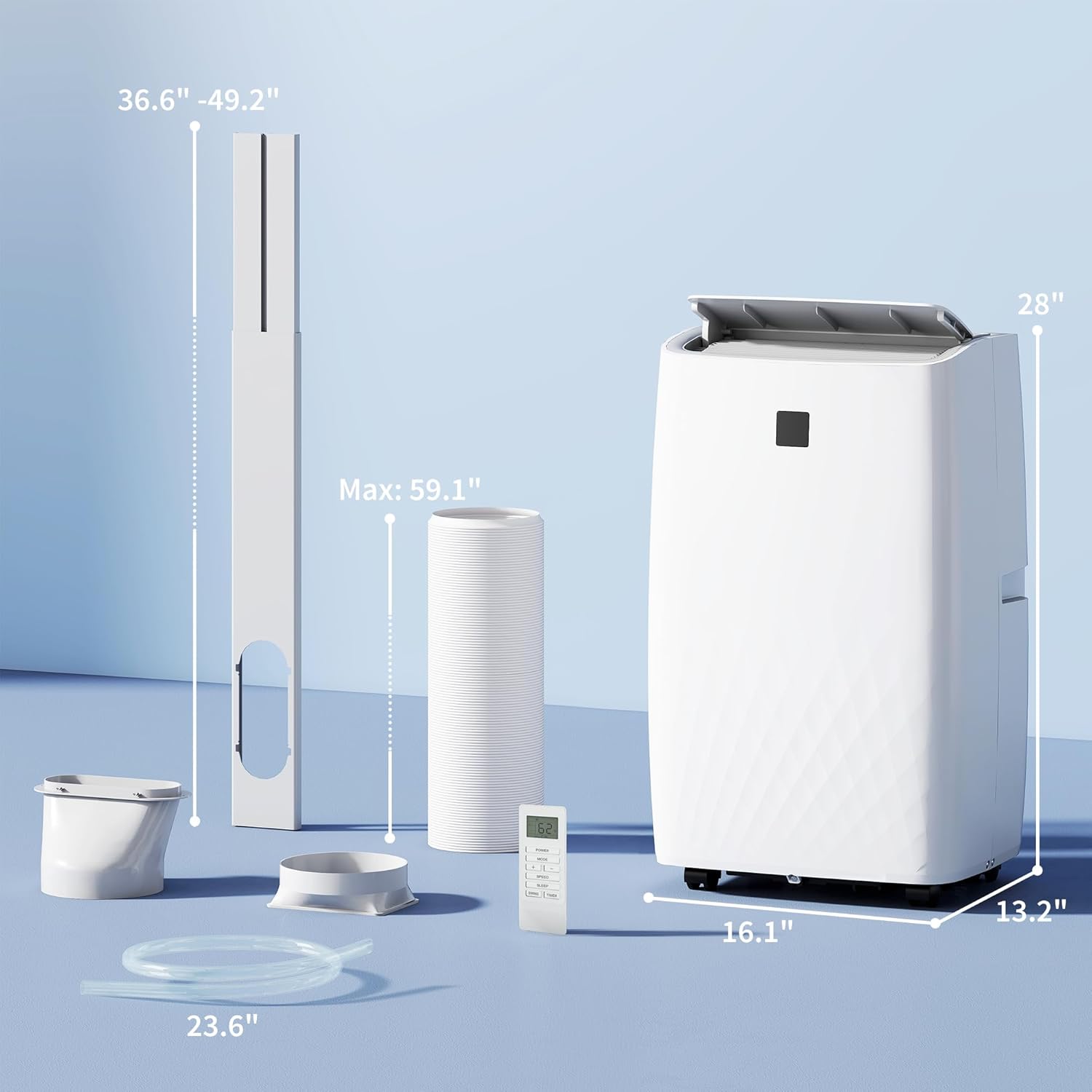Dimensions of the portable air conditioner unit and its accessories