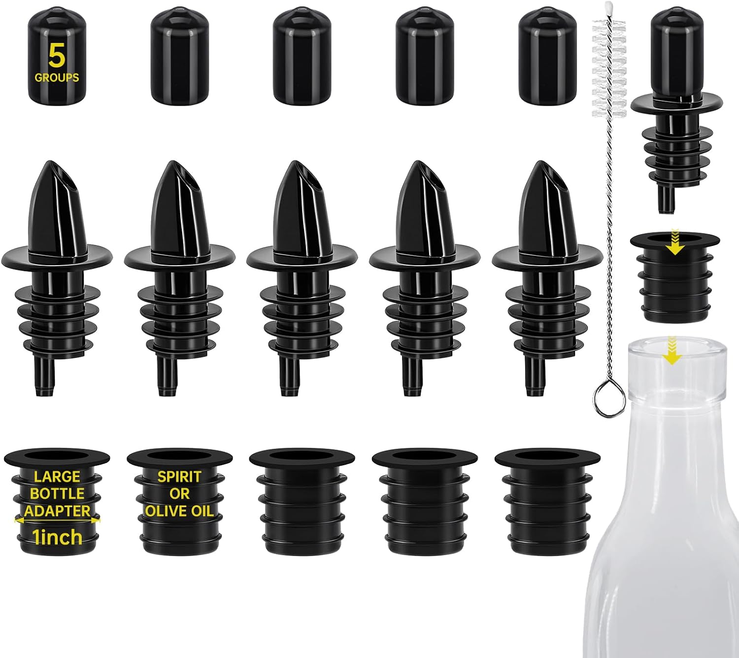 Liquor Pour Spouts for Bottles with Rubber Dust Caps, Classic Bottle Pourers with 5 Adapters for Alcohol, Olive Oil, Juices and Syrups Bottles, Bar Bartender Accessories, 5 Pack, Plastic
