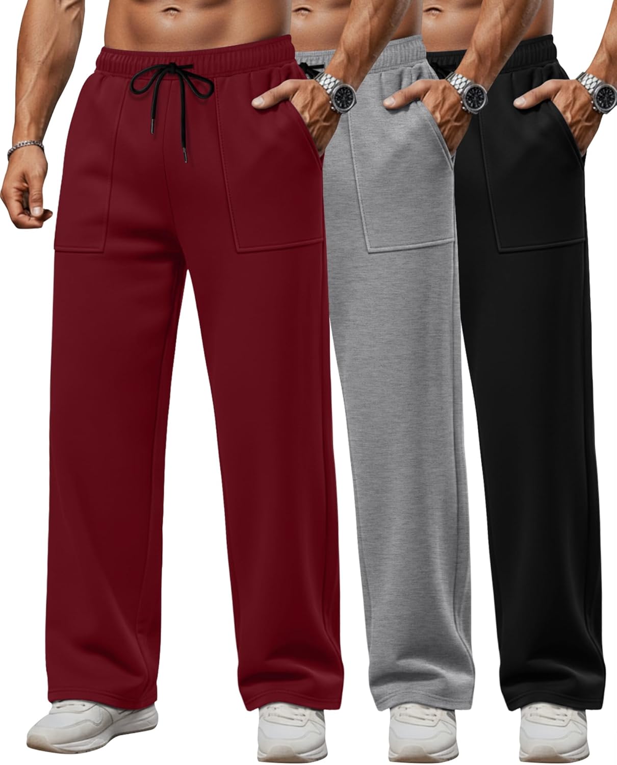 3 Pack Men's Sweatpants Wide Leg Baggy Casual Lounge Pants Open Bottom Drawstring Athletic Pants with Pockets