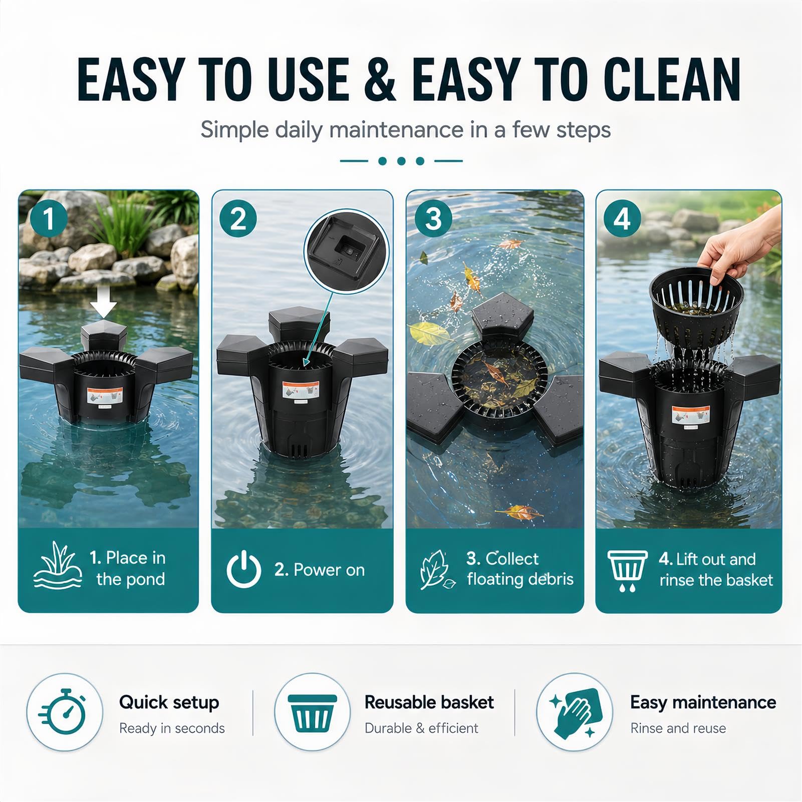 Skimmer Galleggiante per Laghetto, Pulitore di Superficie per Laghetto, Pompa Filtro per Laghetto da 43w/70w, Skimmer Galleggiante per Laghetti da Giardino