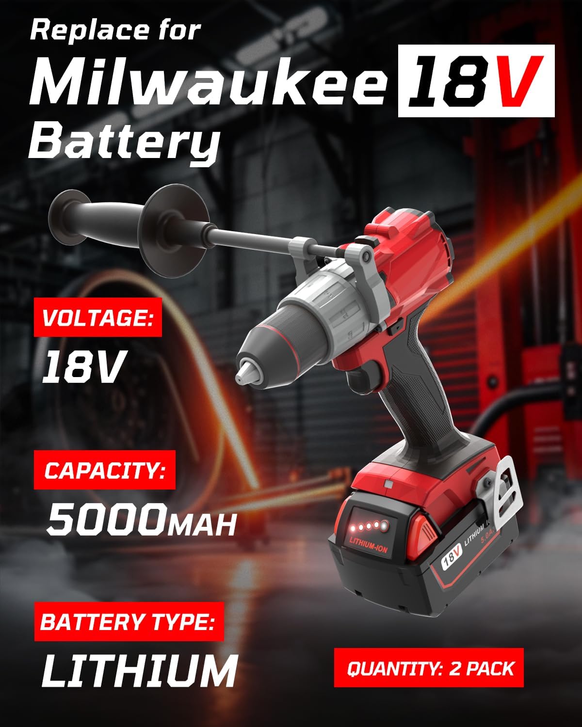 5000mAh Replacement Battery for Milwaukee 18V Battery Compatible with Milwaukee M18 Battery 48-11-1850 48-11-1852 48-11-1820 48-11-1828 48-11-1830 Cordless Power Tools (2 Pack)