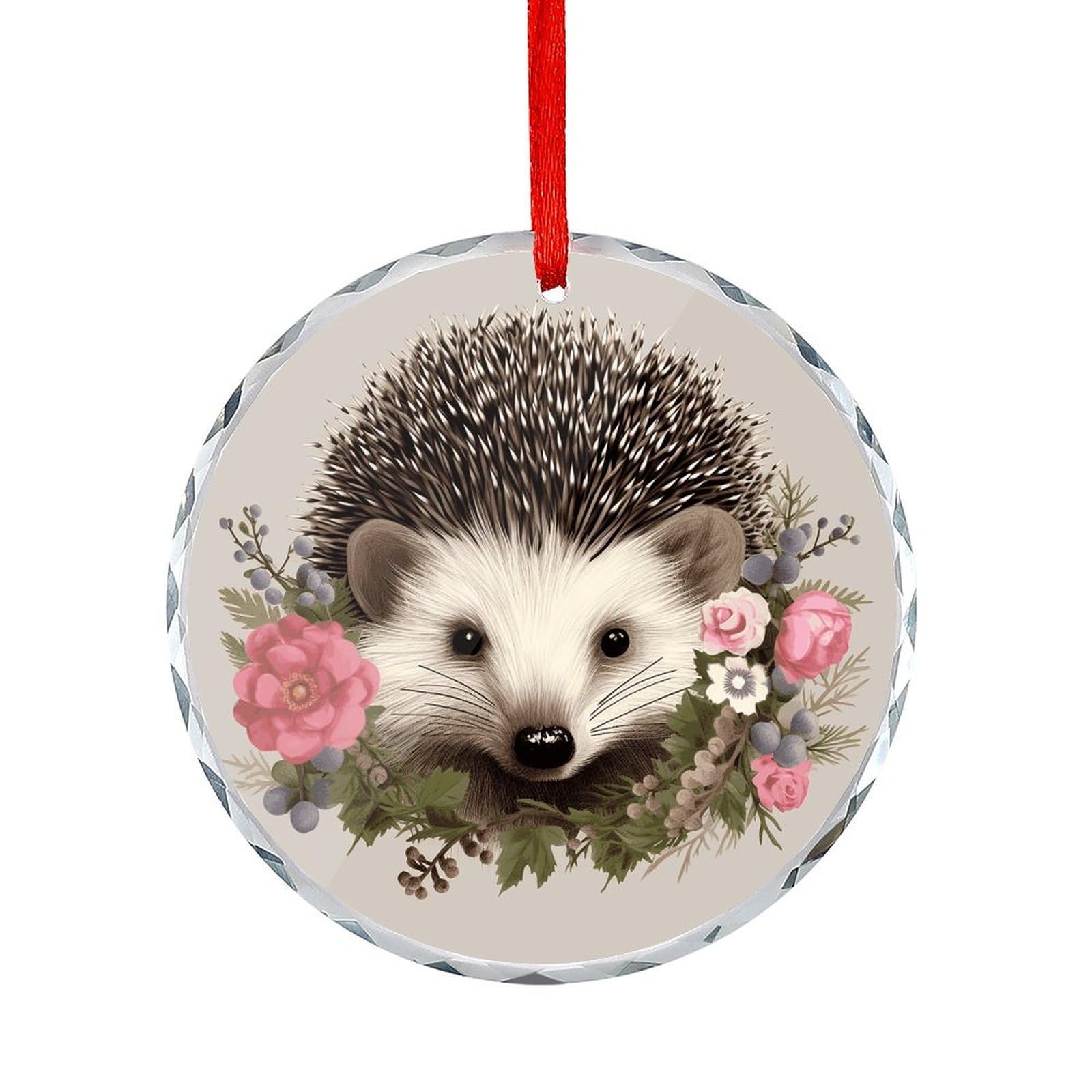 Btcowzrv Style Hedgehog In Floral Wreath Round Ornament Hanging Pendant Decor