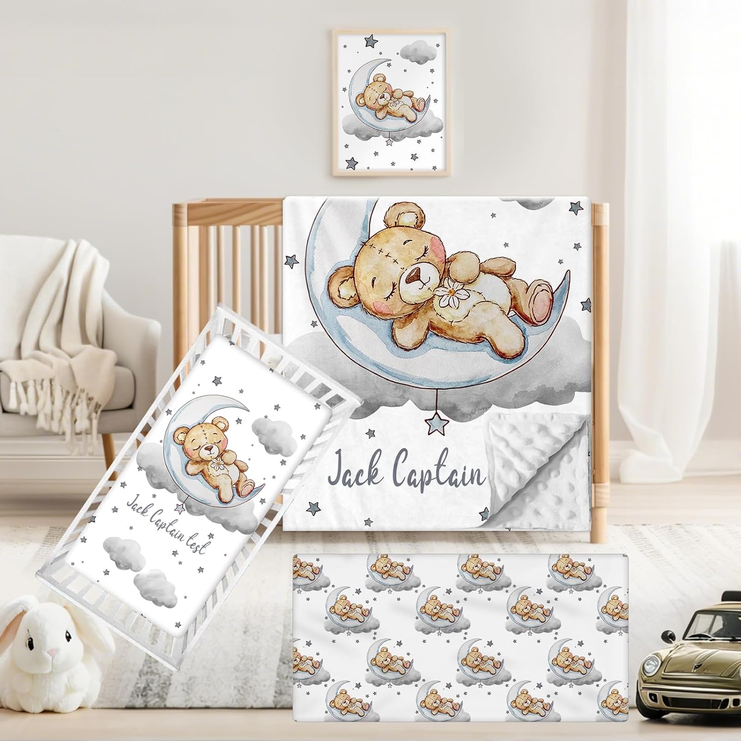 Personalized Baby Crib Bedding Set, 3 PCs Custom Name Baby Crib Set for Toddlers Infants, Double Layer Nursery Bedding Sets, Grey Moon Bear Bedding Crib Sets for Baby Girls Boys Customized Gift