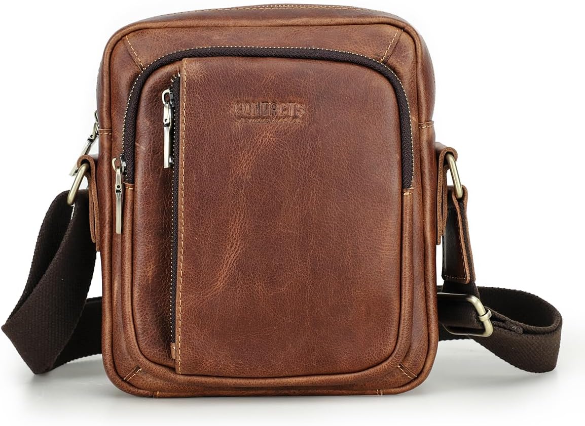 CONTACTS Crazy Horse Leather Small Messenger Bag for Men 7.6"x8.6" Crossbody Shoulder Bag Travel iPad Sling Purse Brown Side Bag