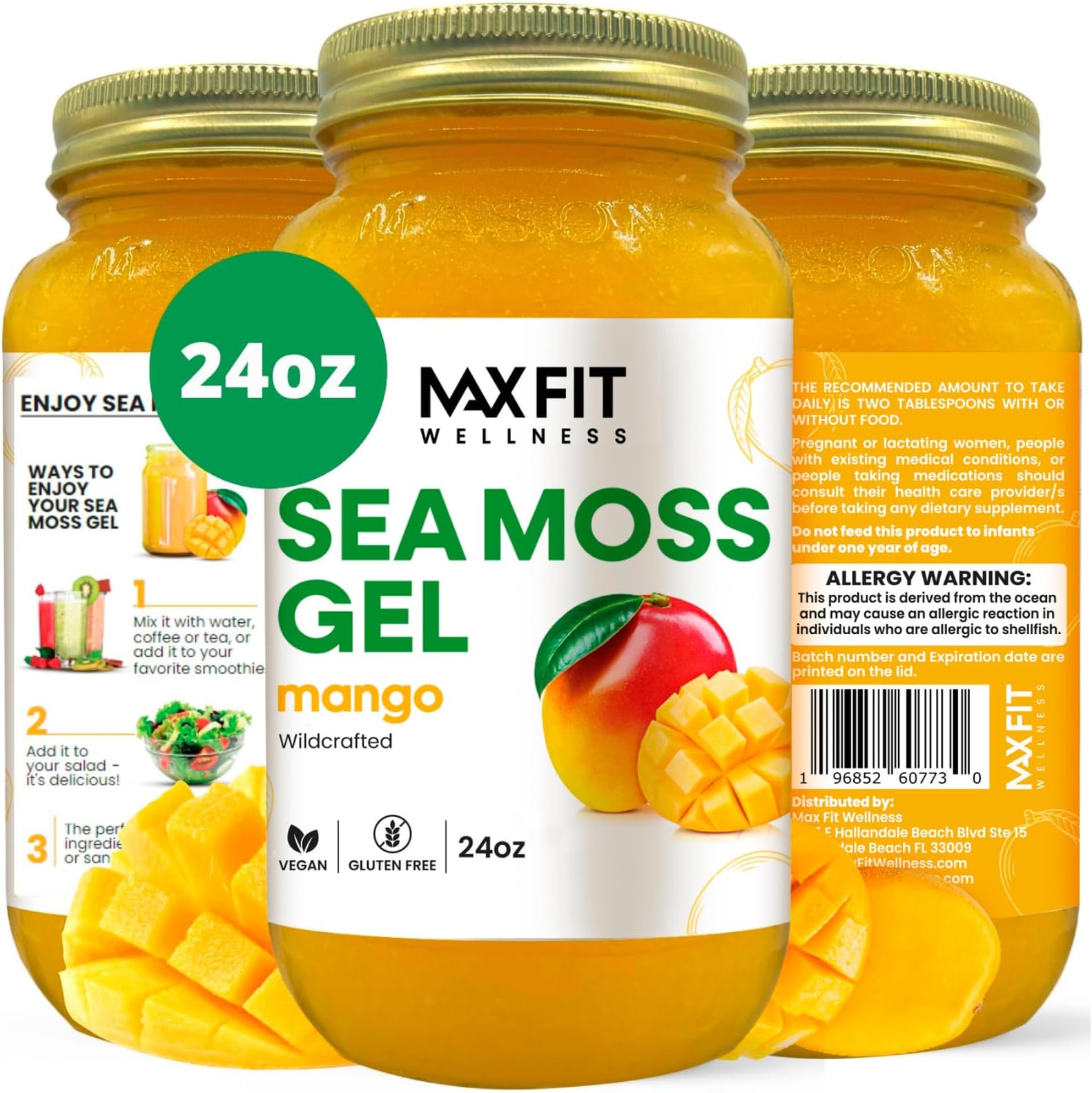Sea Moss Gel Raw (12 Flavors) 24oz Wildсrafted Gold Sea Moss Gel from Saint Lucia | 92 Vitamins and Minerals | Pure Raw+Non-GMO | Vegan Superfood