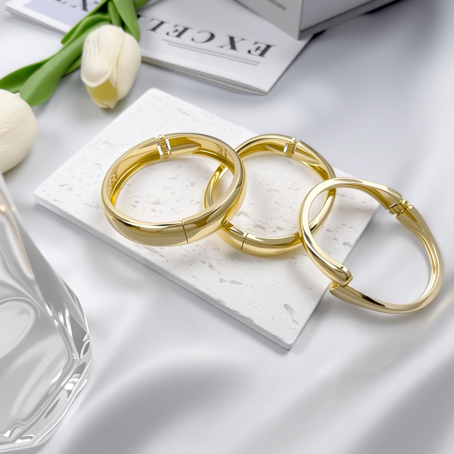 Chunky Gold Cuff Bangles for Women Wide Hinged Bangle Bracelets Statement Thick Cuff Bracelet Stack Chunky 14K Gold Plated Bangle Set - Image 5