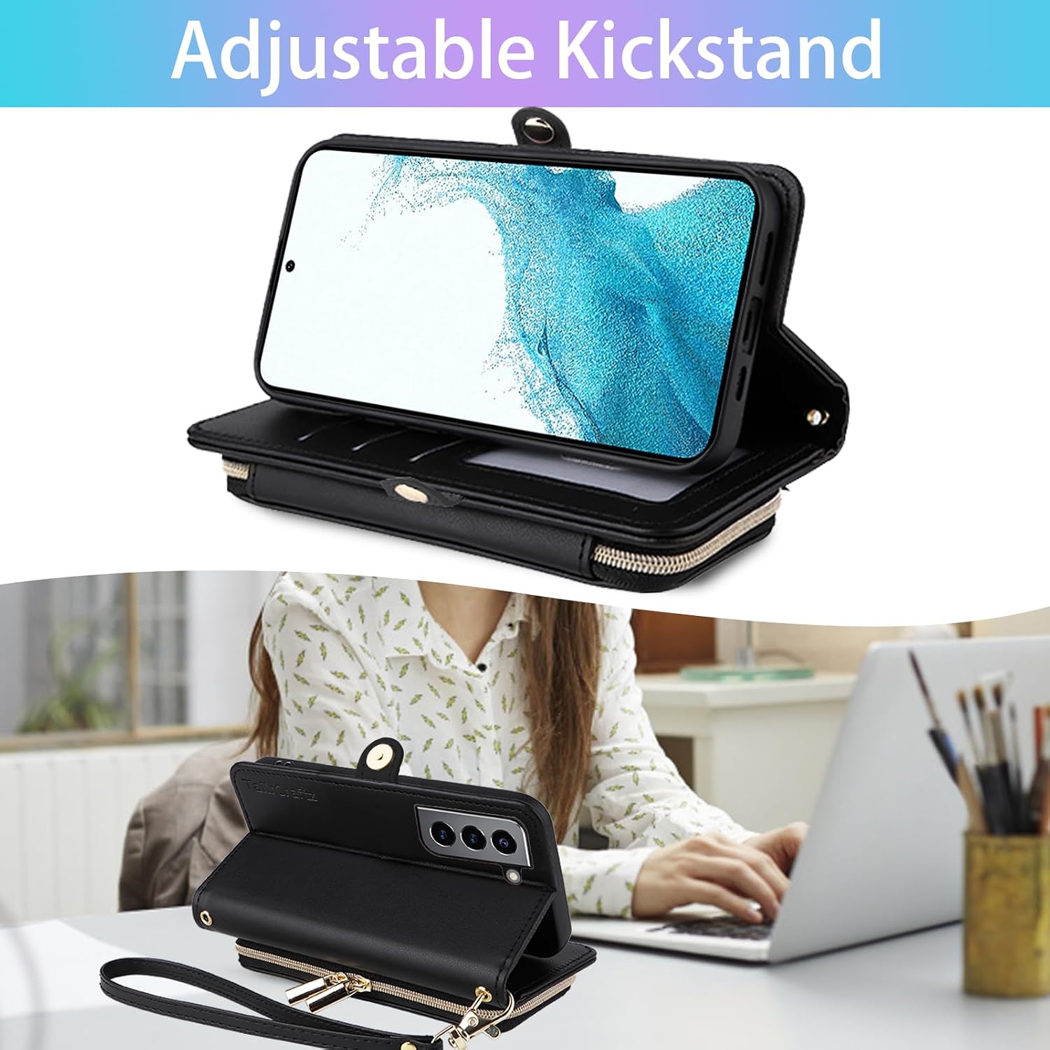 V-Quilted Wallet Case for Samsung Galaxy S21 FE 5G Black | Women, Card Slots, Flip Zipper Purse, Wrist/Shoulder Strap, Stand, Phone Cover, for S 21 EF S21FE5G UW S21FE 21S G5 6.4 inch
