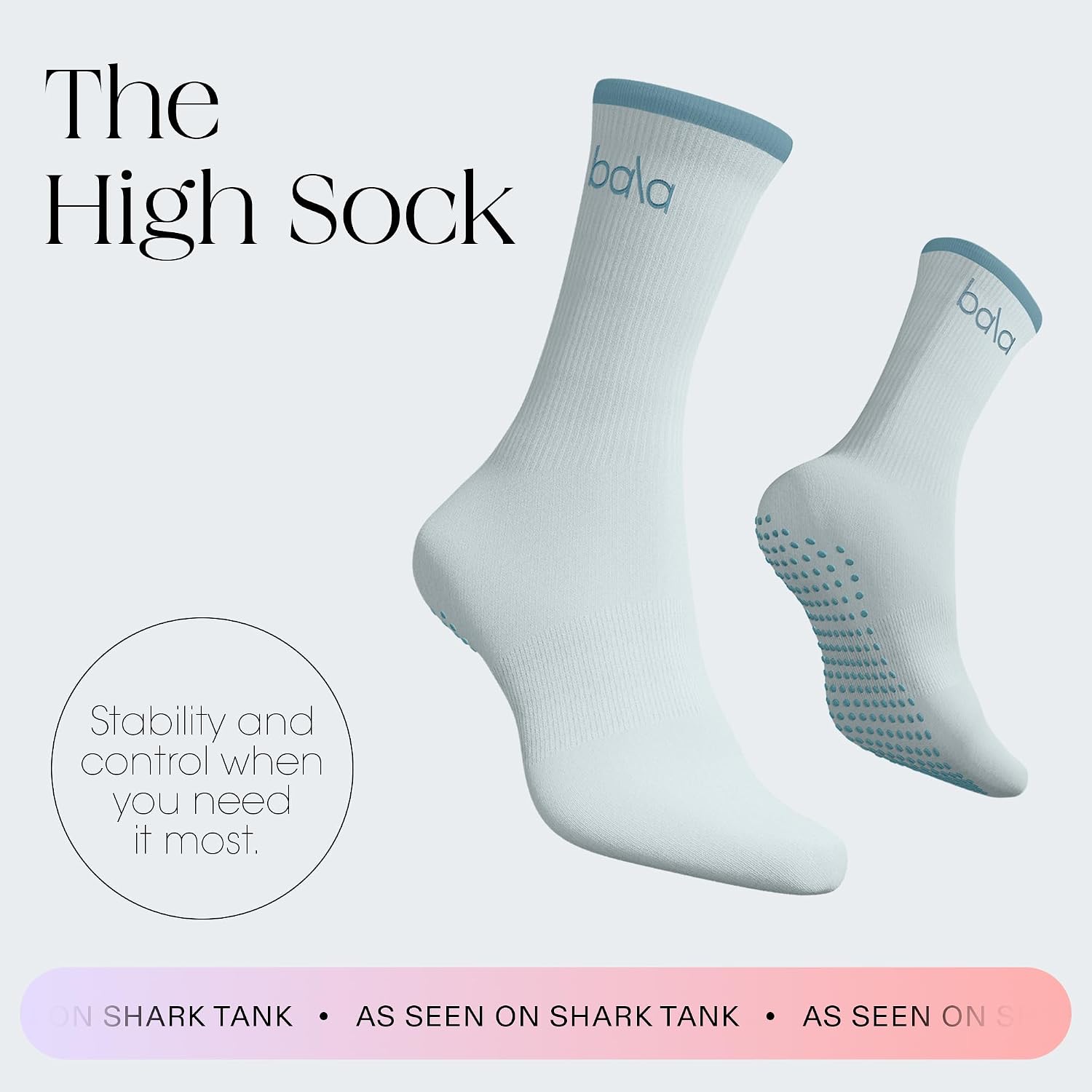 Bala High Sock with Grips - Classic Crew Slip-Free High Socks Designed for Yoga, Pilates, Barre & Home Workouts - Lightweight