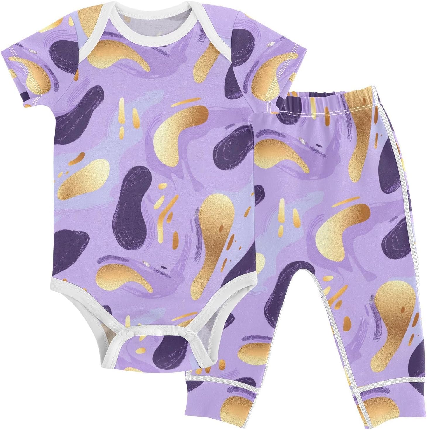 vvfelixl Baby Clothes Purple Gold Abstract Baby Bodysuits Set Unisex Short Sleeve Babys Pants Sets 0-3M