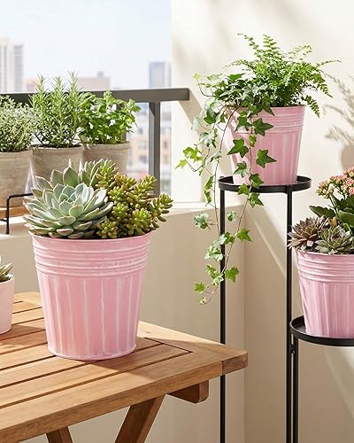 Miniatura 5 de vensovo Macetas rústicas de metal rosa de 6 pulgadas, 6 macetas galvanizadas medianas con orificio de drenaje y tapón de goma, macetas de metal
