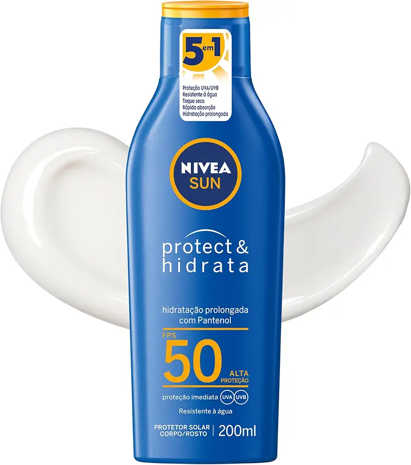 NIVEA SUN Protetor Solar Protect & Hidrata FPS 50 200ml, Alta Proteção UVA/UVB, Hidratação Prolongada, Rápida Absorção, Pantenol, Cuidado Solar Corporal e Facial