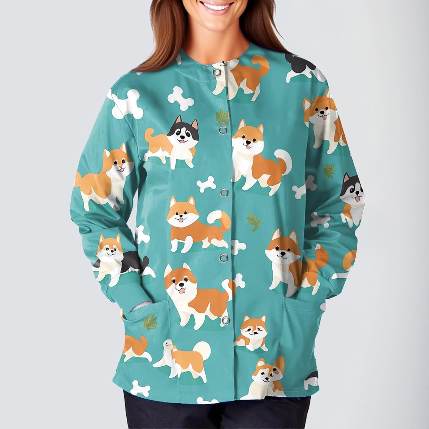 UOFOCO Womens Cute Cartoon Print Scrub Coat Plus Size Cozy Lightweight Medical Uniforms Jackets Nurse Vet Pediatric 2025 Warm Scrub Jacket Turquoise S