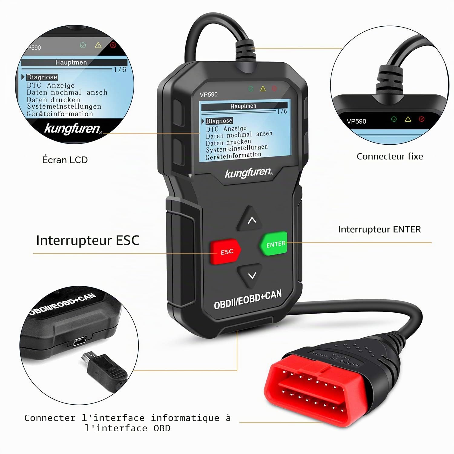 kungfuren OBD2 Diagnostique Voiture, OBDII Lecteur de Code, Lecteur de Code de Défaut Scanner, Outil de Diagnostic Auto pour Tester les Systèmes de Moteur
