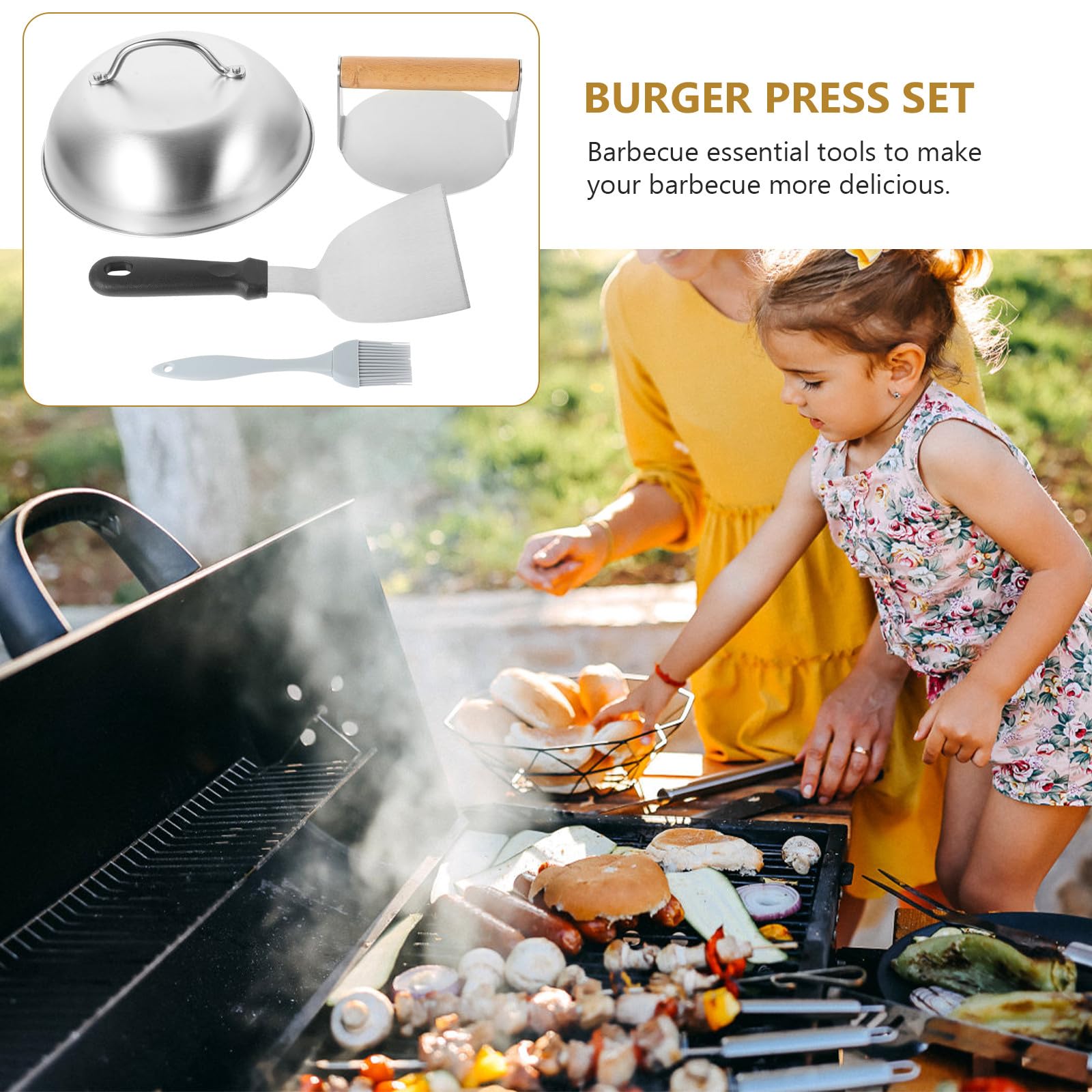 SOLUSTRE Edelstahl Burgerpresse mit Griff, 1 Satz für Grill und Küche | Stabile Ausführung mit Holz und Silikon, Bbq Zubehör für Kochen, Praktisches Werkzeug im 4 Stück
