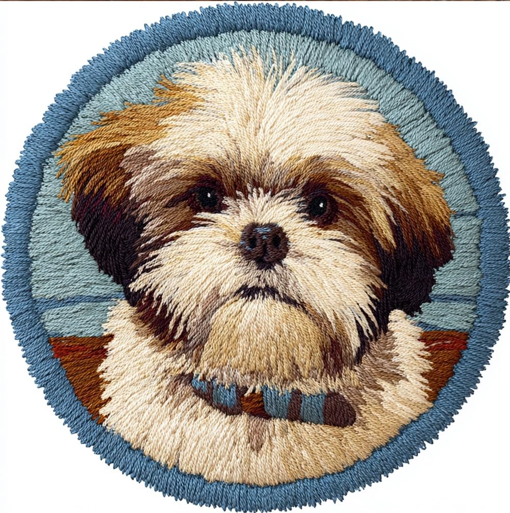 kitphoenix Round Shape Latch Hook Kits Rug Shih Tzu Dog 20X20Inch (50X50Cm) DIY Cushion Rug Carpet Making Crochet Hook Kits Preprinted Pattern Canvas Cushion Arylic Yarn Hooking Kits Mat Kits