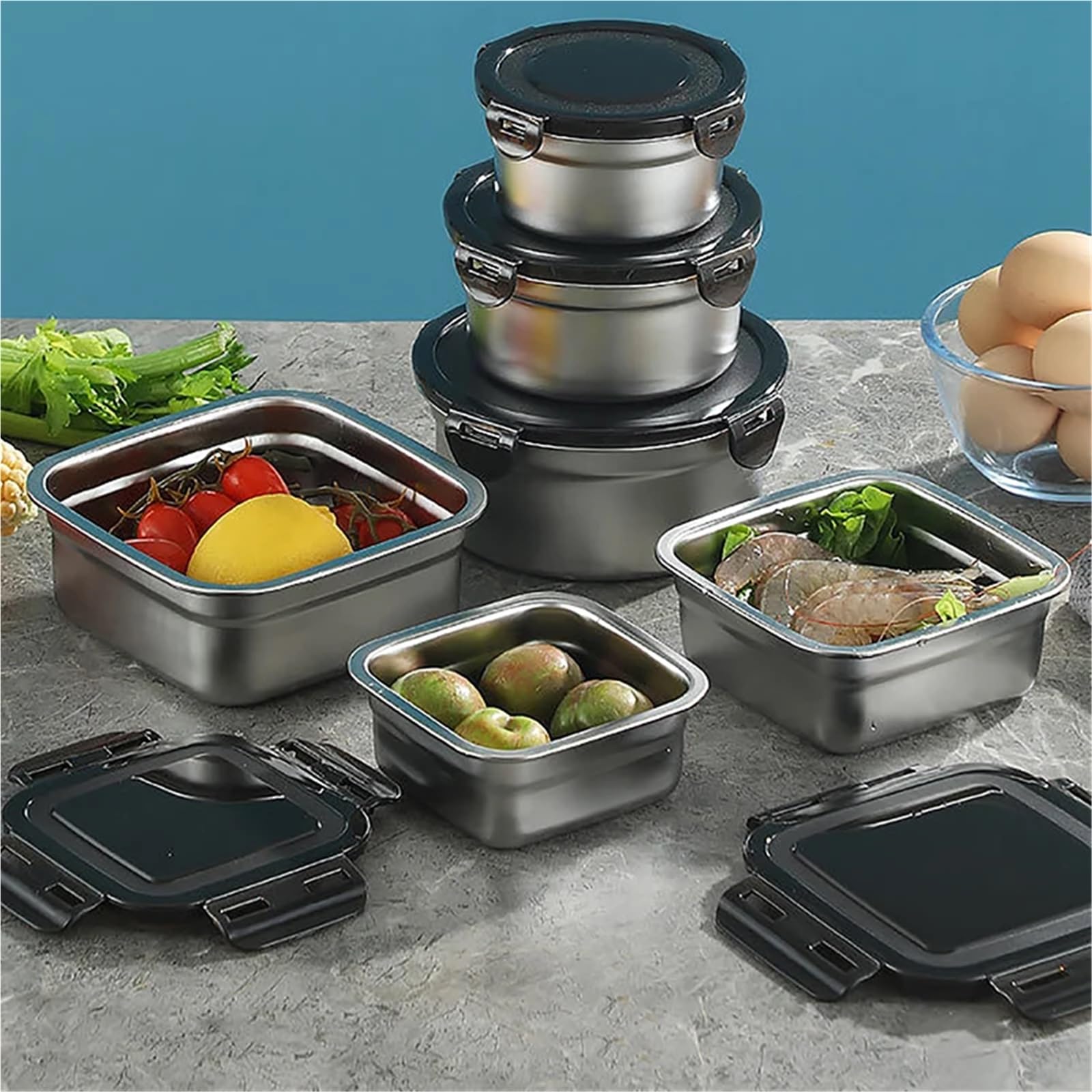 Boîte de conservation des aliments en acier inoxydable, couvercle hermétique, bac à légumes, préparation repas, réfrigérateur, ensemble cuisine, bol rond et carré Nique éTanche En Acier(Round 850ml)