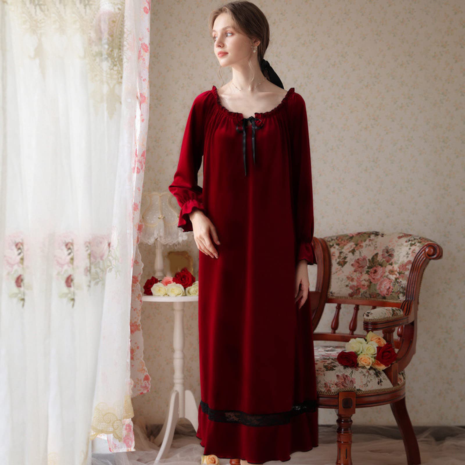 OFFSUM Camicia da Notte Donna - Scollo Quadrato Tinta Unita Camicia da Notte Moda Velluto Pile Elegante Pizzo Pigiameria Vintage Homewear Lingerie Abbigliamento