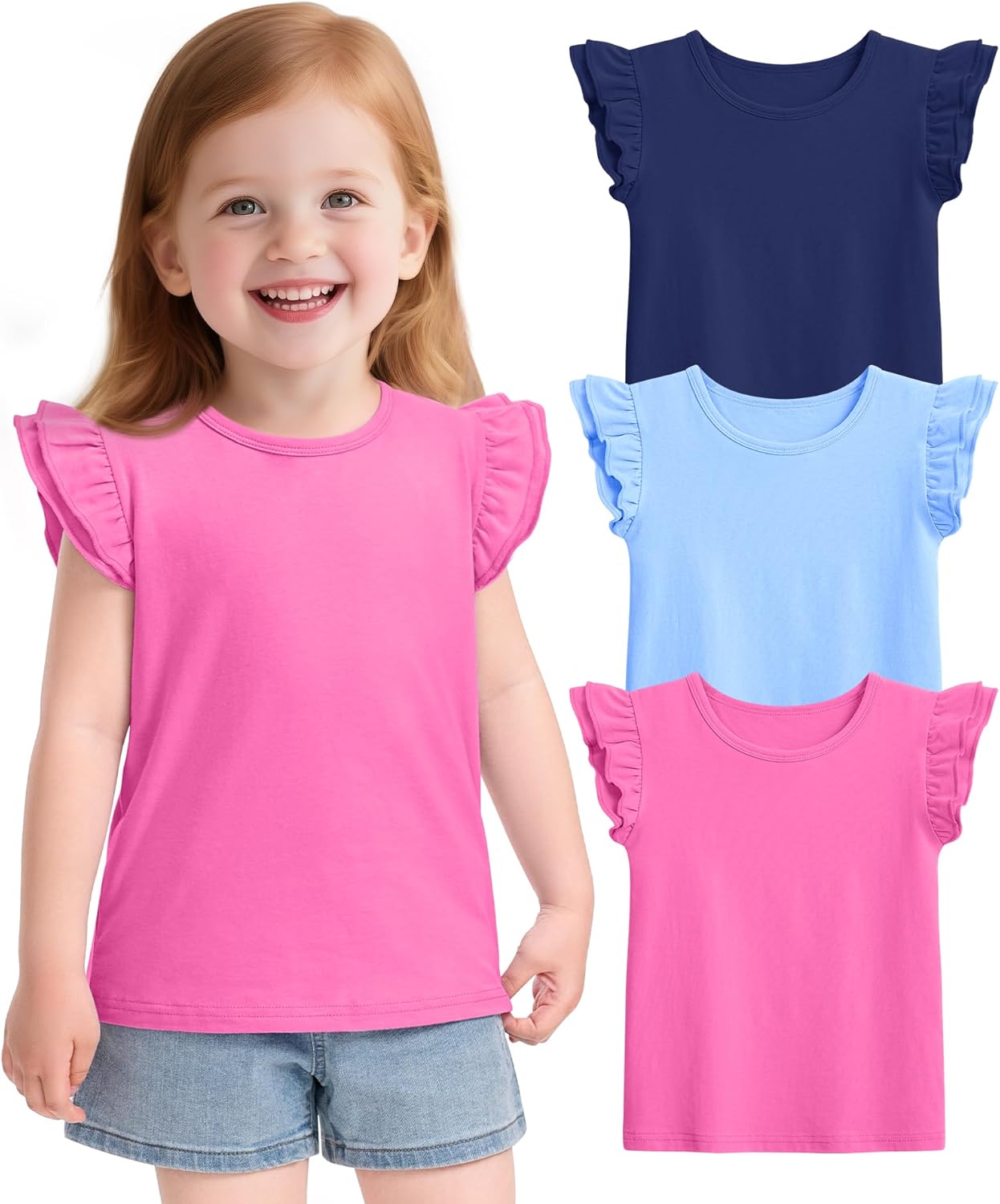 Witwot 3 Pack Toddler Girl Shirts Cotton Baby Girls Ruffle Sleeve Tee Cute Blouse Tops Size 2T – 7Years