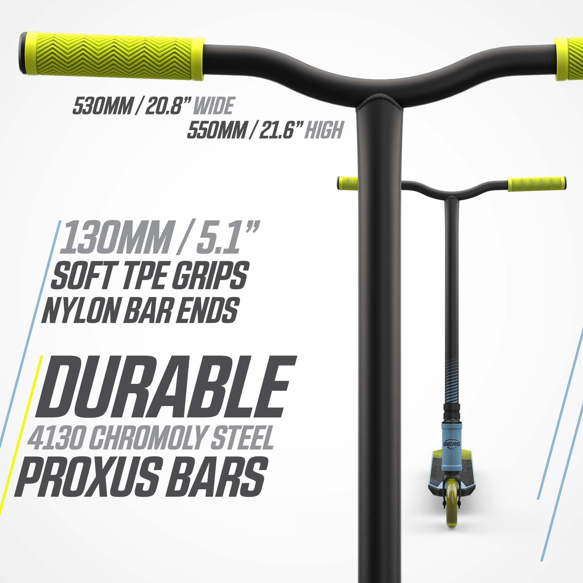 BERG Proxus X1 Monopattino per bambini | Freestyle Scooter per skatepark e strada | ponte in alluminio 500 mm | ruote da 110 mm | cuscinetti ABEC 9 | Compressione IHC | Leggero e stabile (blu)
