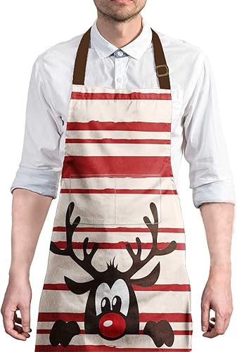 WQMRSS0011 - Delantal de ciervo, rayas rojas de Navidad para hombres y mujeres, para cocinar, hornear, cocina, barbacoa, chef, impermeable, con