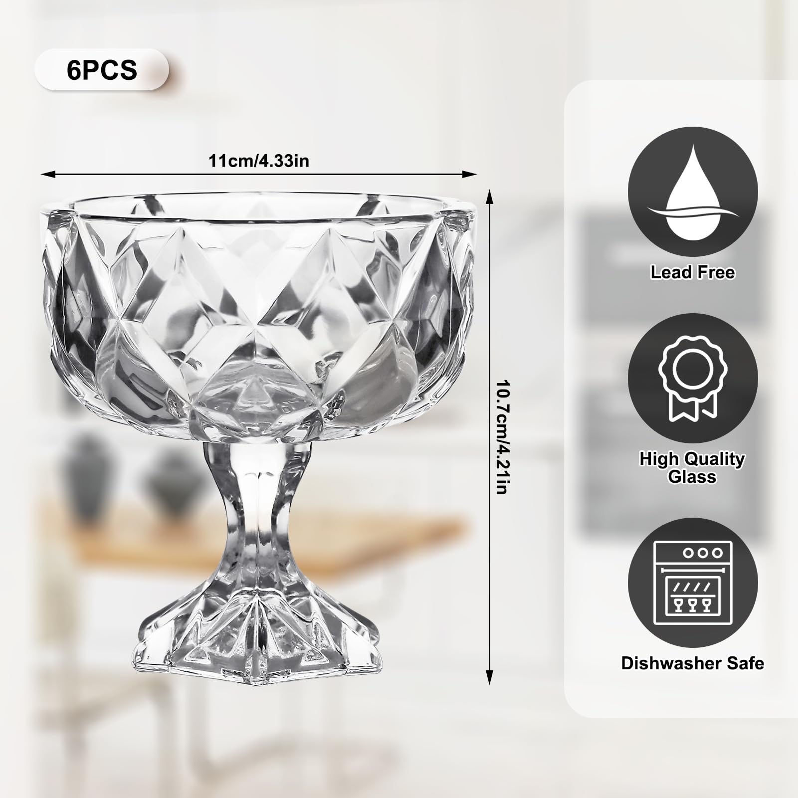 Hioph Set of 6 Stemmed Glass Bowls for Prawn Cocktail Appetizers, Trifle, Sundae, Fruit, Ice Cream, Pudding, Small Snacks - Image 2
