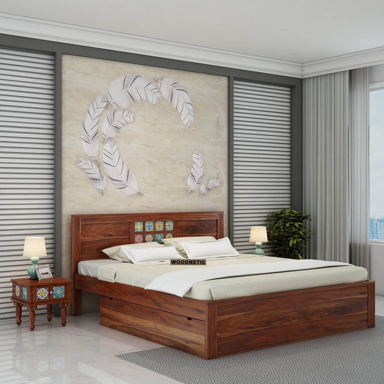 WOODNETIC Solid Sheesham Wood King Size Bed with 2 Drawer Storage in Rajasthani Traditional Tile Design for Bedroom (Honey)