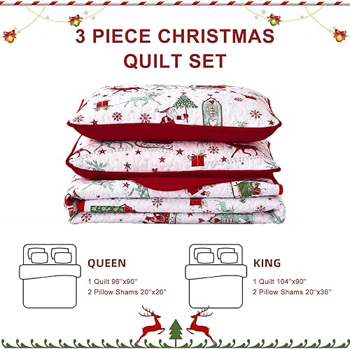 Miniatura 7 de DJY Juego de edredón de Navidad tamaño Queen, diseño de árboles de Navidad, reno, copo de nieve, juego de colcha reversible de 3 piezas con 2 fundas