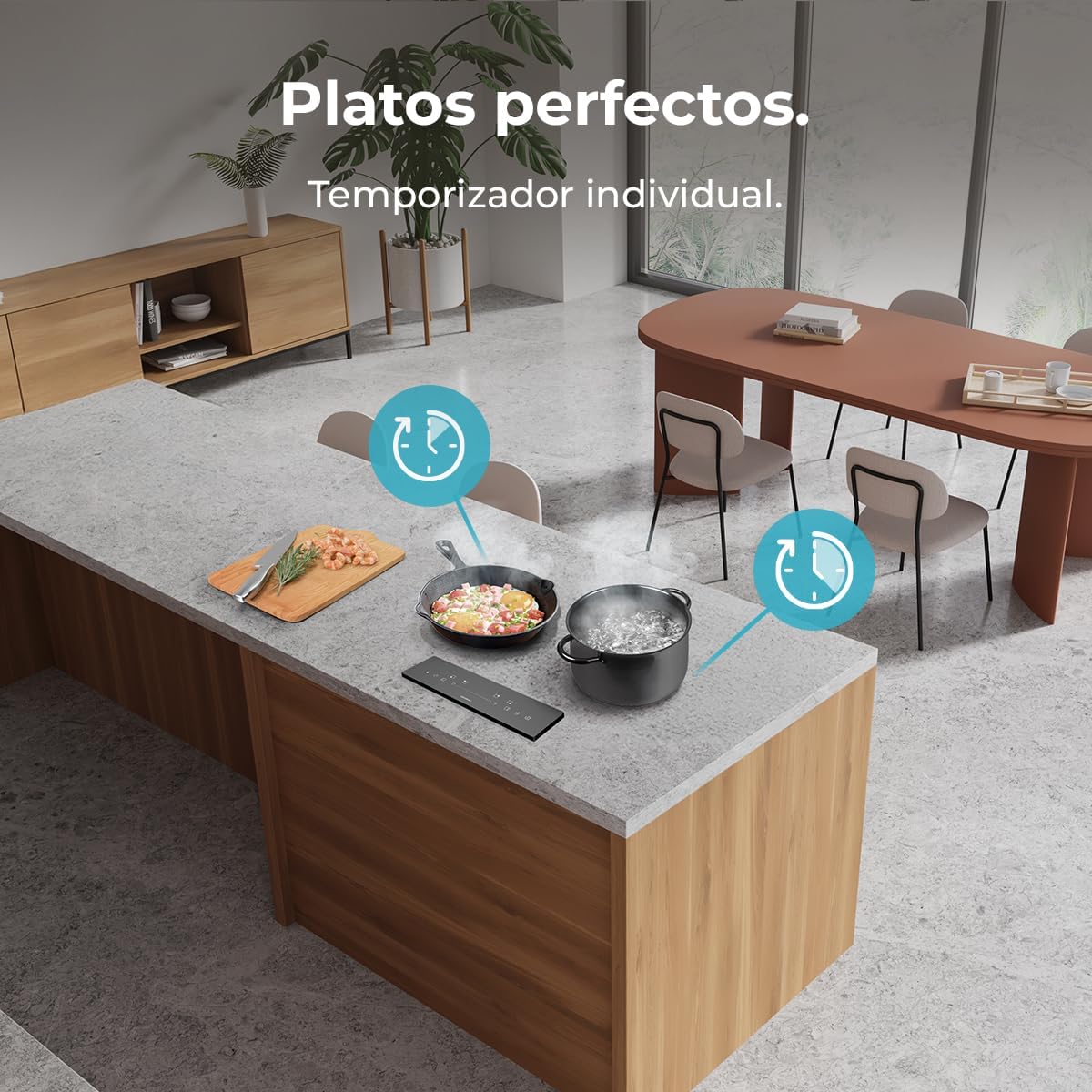 Kitchen scene with an invisible induction hob and timer icons above cooking pans