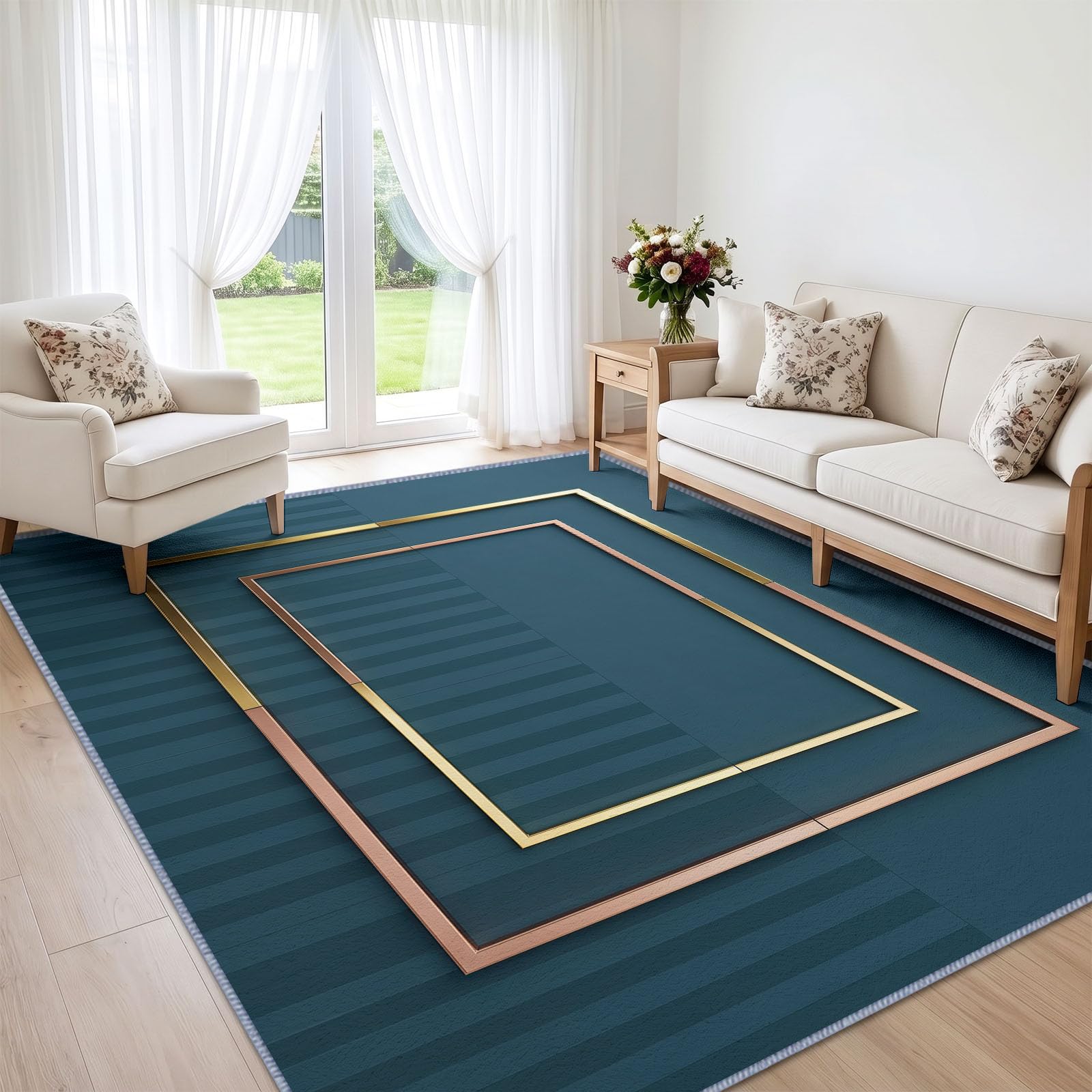 Petrol Geometrisch Waschbarer Teppich Wohnzimme 80x152 cm, Weich Kurzflor rutschfest Minimalistisch Modern Teppich für Schlafzimmer Esszimmer Büro