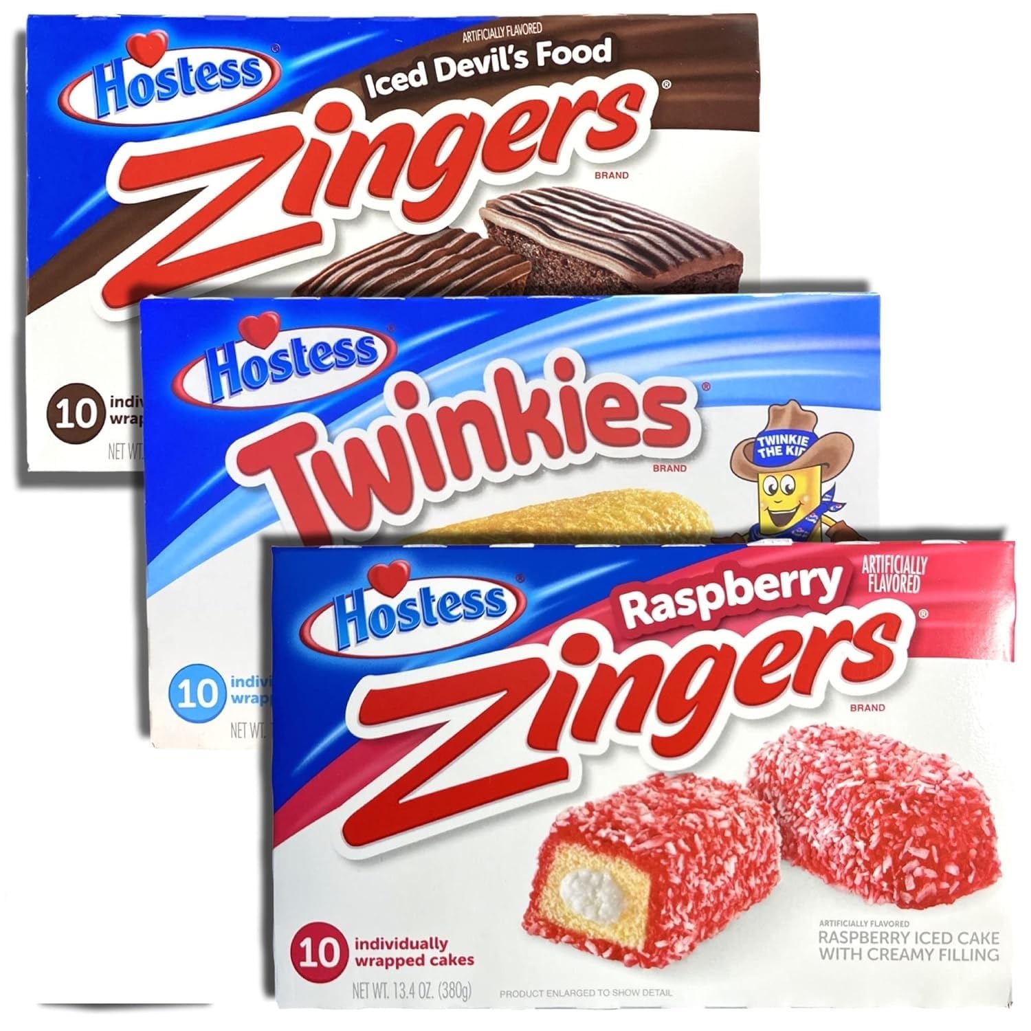 Hostess Variety: (1) Twinkies 13.58 oz (1) Zingers Raspberry 13.4 oz (1) Devil's Food Zingers 12.7 oz