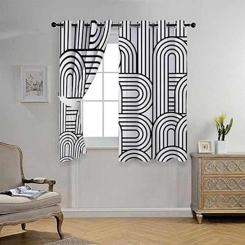 Cortinas para Habitacion - Cortina opaca con textura de líneas blancas y negras geométricas, oscurecimiento de habitación, 55 pulgadas de ancho por