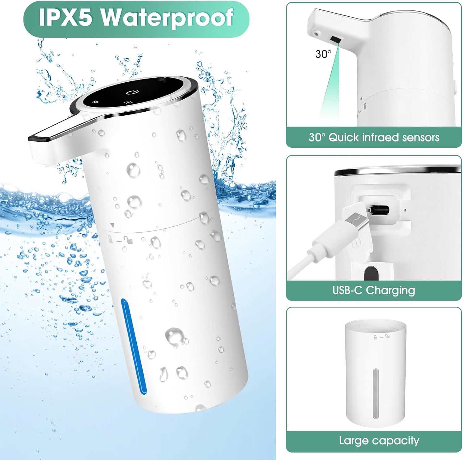 Touchless Automatic Soap Dispenser, 2 Pack Smart Sensor Foam Hand Wash Dispenser, USB Rechargeable & Adjustable Customizable for Bathroom Countertop Kitchen Sink, 13.5 oz White - Image 4