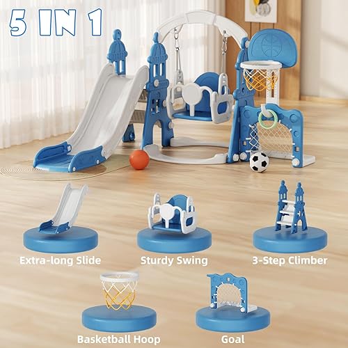 Miniatura 7 de KORIMEFA Juego de toboganes y columpios 5 en 1 para niños, tobogán para niños pequeños con aro de baloncesto, columpio, parque infantil interior y