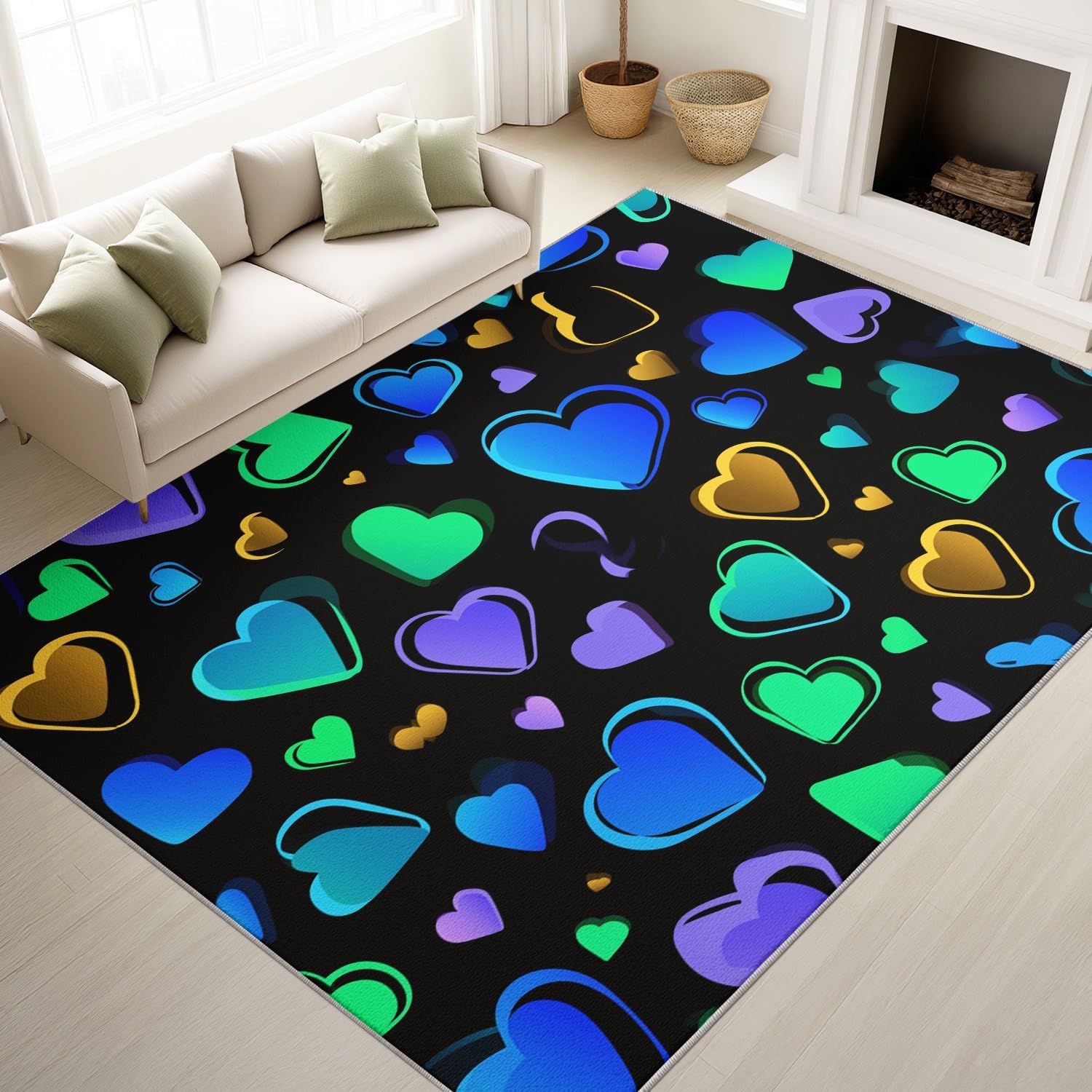Tapis protège-sol antidérapant résistant noir cœur néon moderne 160x230 cm