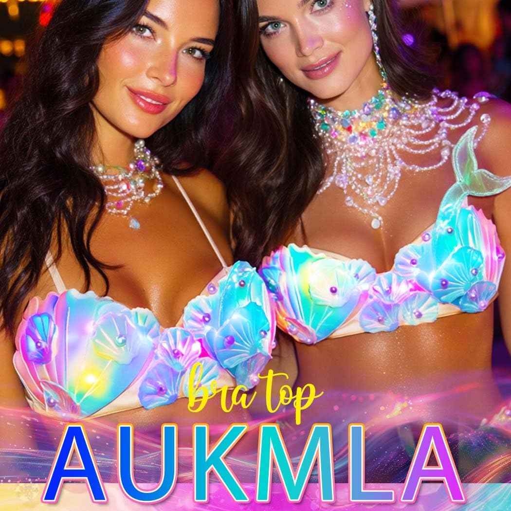 Aukmla Mermaid Costume Seashell Bra Top LED Light Up Shell Rave Bikini Crop Tops - Image 4