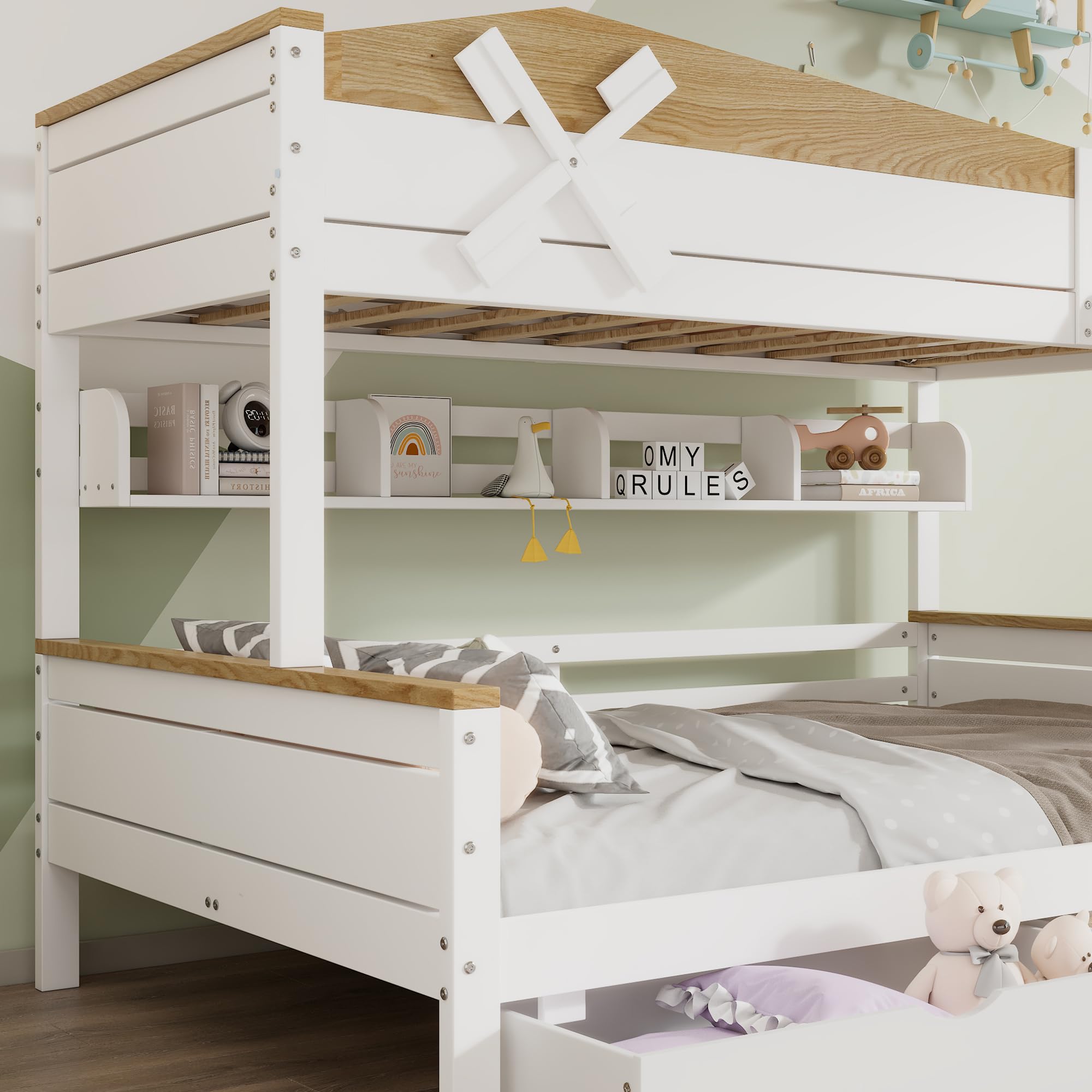 Rtopsu Kinderbett Etagenbett 90x200 cm & 140x200 cm mit Stauraum und Leiter,Hochbett mit Windmühle Hausbett Baumhaus Bett mit Lattenrost aus Holz und Rausfallschutz für 2-3 Kinder Weiß,Ohne Matratze