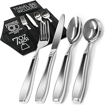Weighted Utensils for Hand Tremors and Parkinsons Patients - 4 Piece Set Weighted Silverware for Elderly, Arthritis, Weak Hand Grip - Convenient Travel Bag, Stainless Steel, 7 Oz