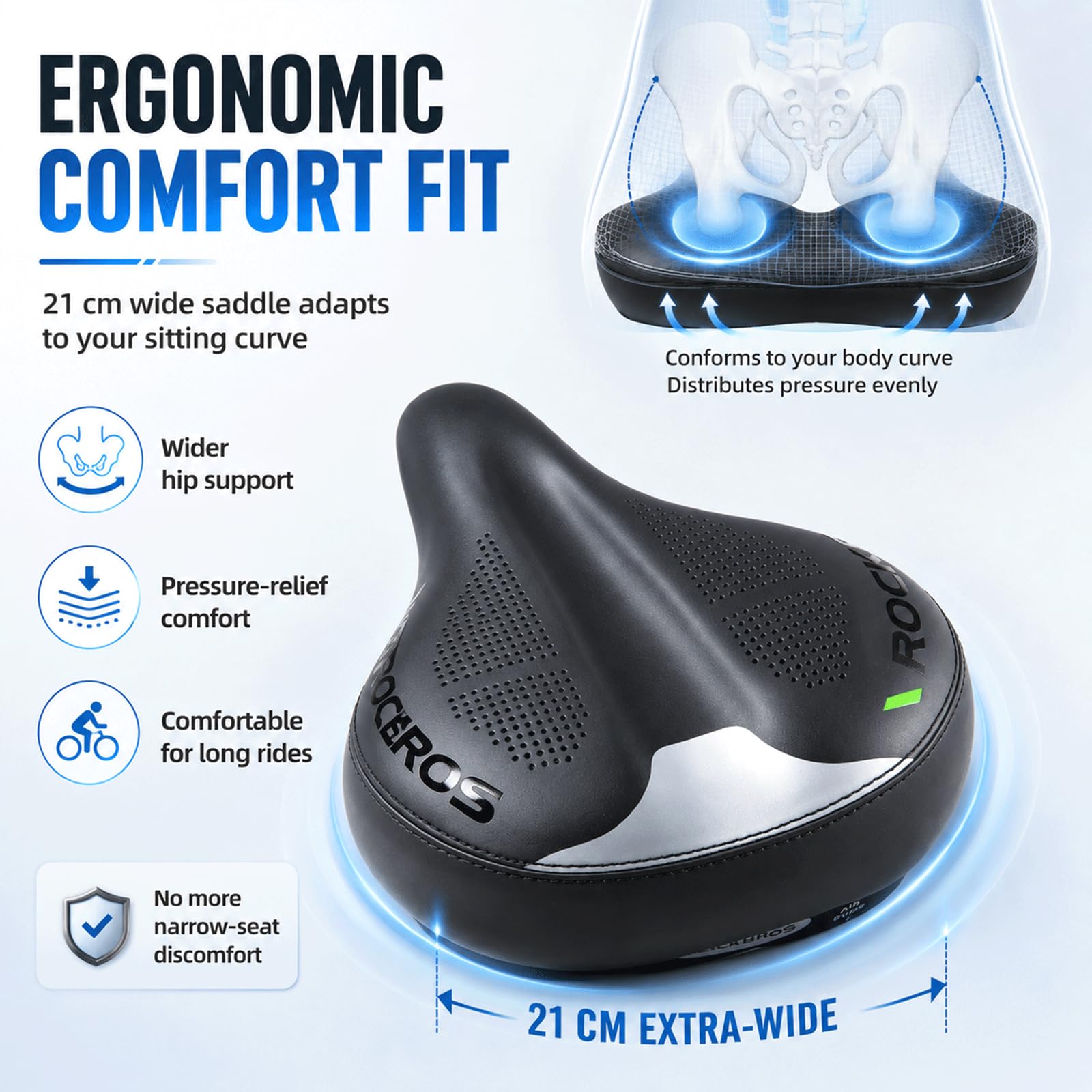 ROCKBROS Selle de Vélo Gonflable Ultra Confortable, Large Coussin à Pression d'air Réglable, PU Respirant Amorti Ergonomique Anti-Choc, Bande Réfléchissante, Compatible VTT Ville et Électrique