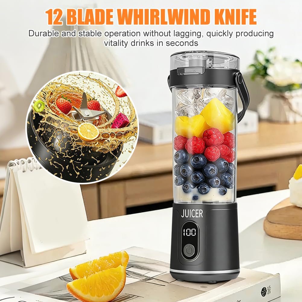 Frullatore portatile da asporto, bottiglia per succo fresco da 600ml, mini frullatore e frullatore per smoothie con 12 lame, senza fili e ricaricabile, frullatore portatile per frullati di frutta
