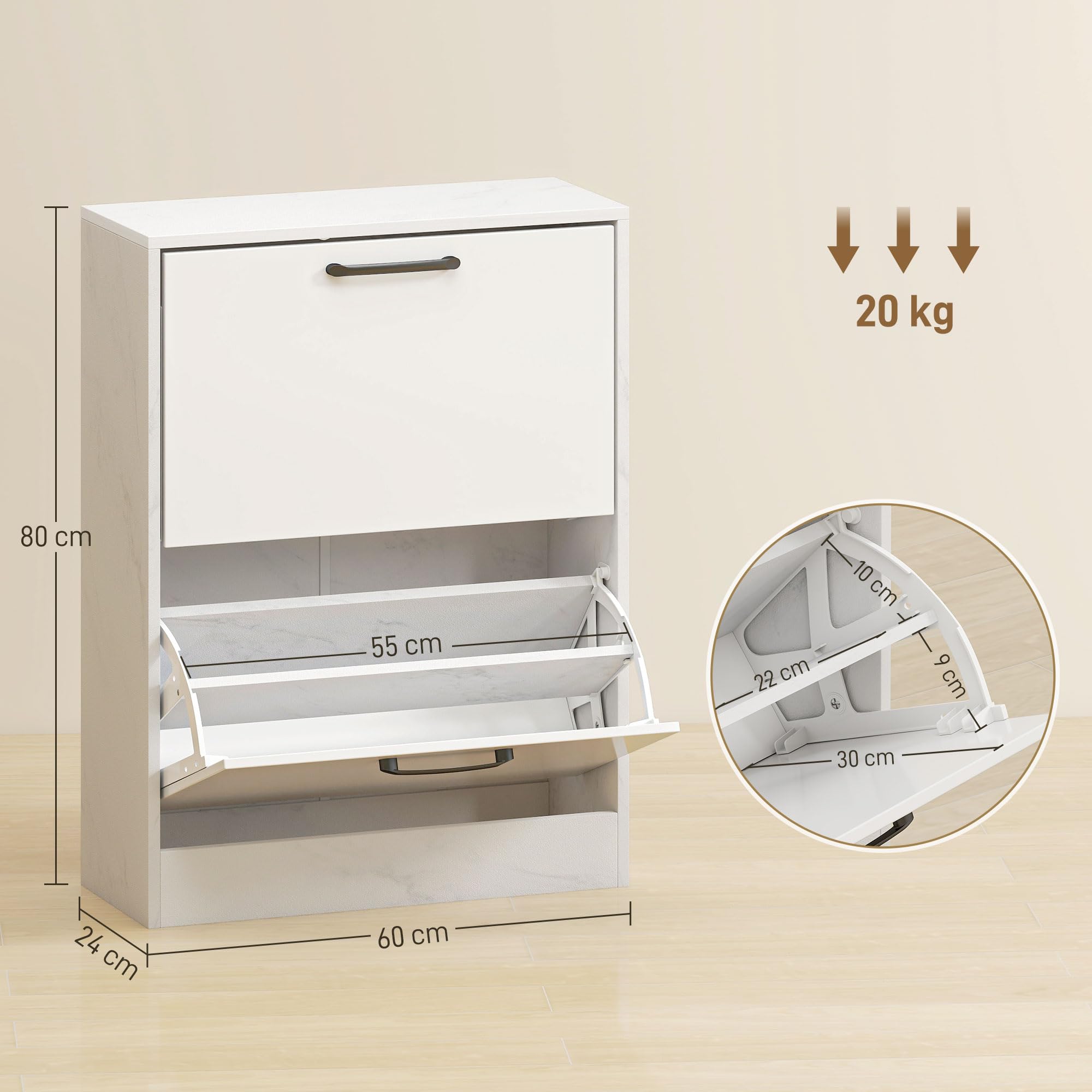 HOMCOM Zapatero Estrecho 2 Puertas de Alto Brillo 60x24x80 cm Blanco | Zapatero Entrada Recibidor, Estantes Ajustables, Diseño Mármol, para 8 Pares de Zapatos, Espacios Reducidos