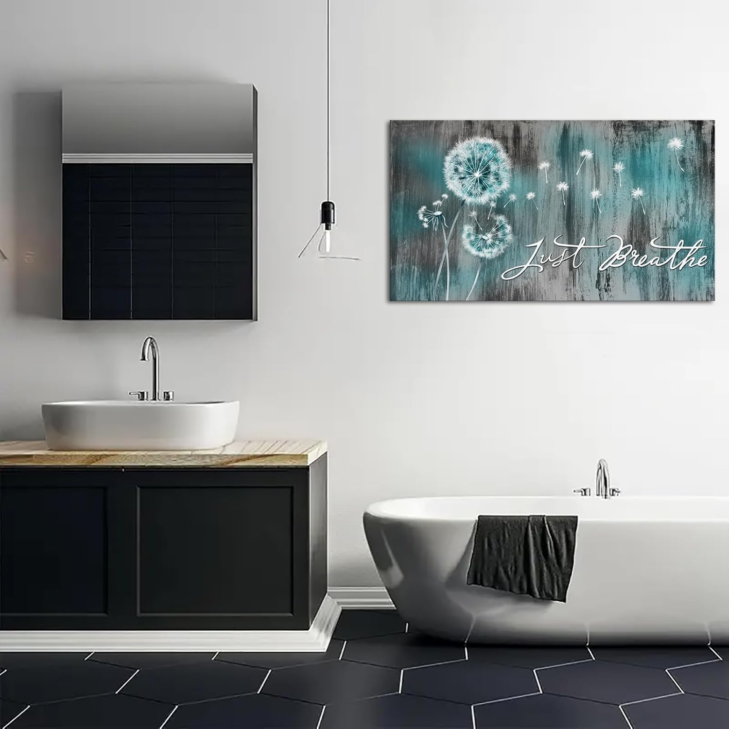 iHAPPYWALL Large Just Breathe Wall Art Abstract Teal Dandelion Flower Inspiratiobal Quotes Rustic Floral Artwork for Bedroom Farmhouse Home Wall Decor Ready to Hang 20x36inch - Image 3