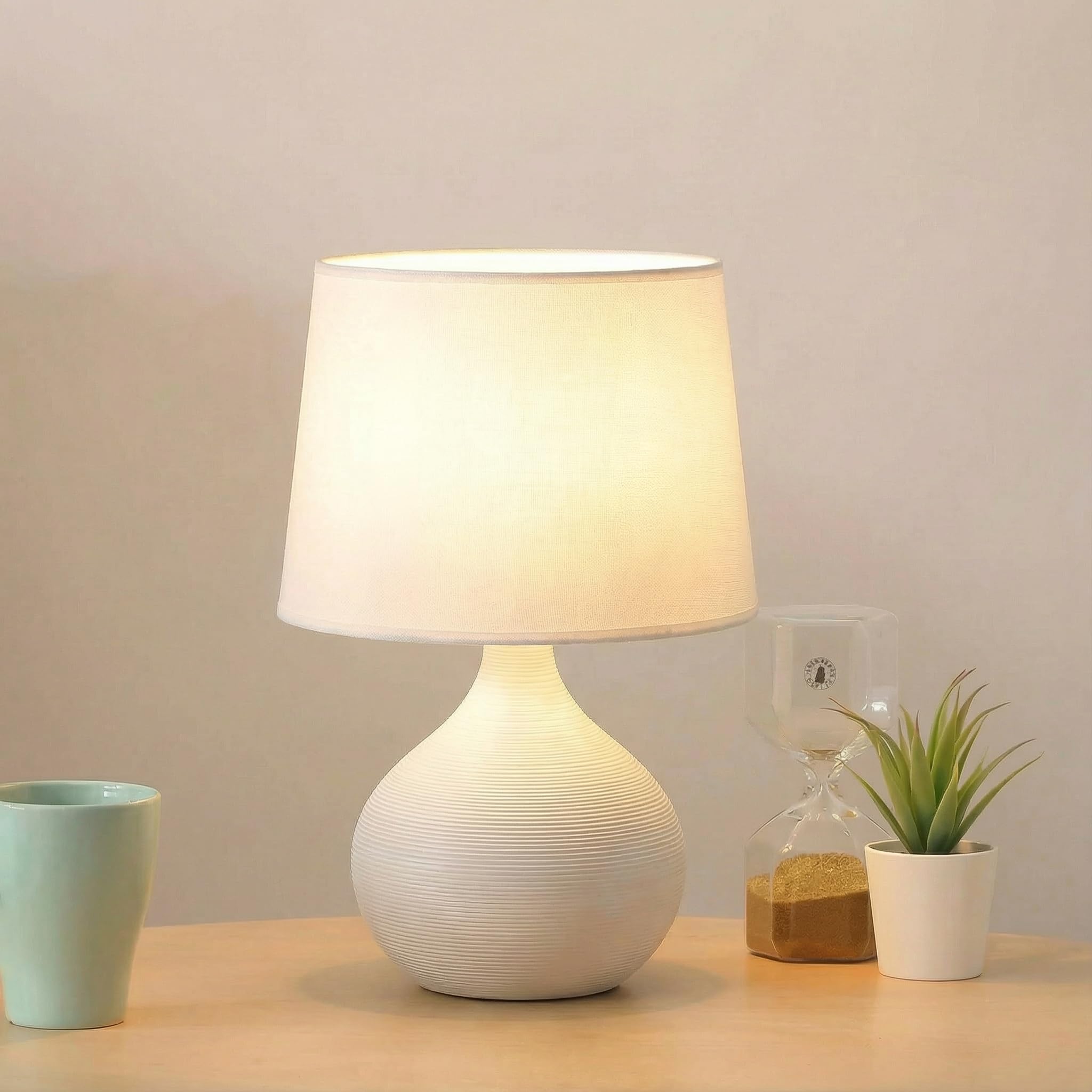 Decor & More - Bedside Lamp |LED Bed Lamps for Bedroom with On/Off Button | Table Lamps for Home Decoration | Side Table Lamp for Bedroom with Cotton Fabric Shade | E27, White