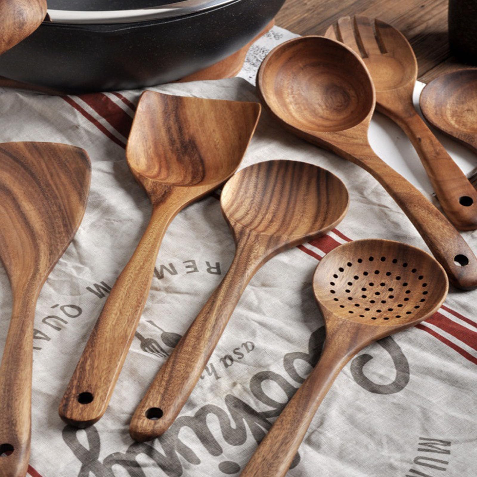 Küchenutensilien Holzspatel Set Mit Loch Küchenutensilien Set Holzlöffel Kochen Besteckhalter Kuechenhelfer Set Mit Pfannenwender,BPA-frei, Robust Kochbesteck Für Antihaft Pfannen 7 Teiliges